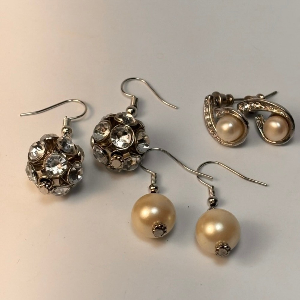 Earring Set Silver Cream Pearl Rhinestone Dangle Stud Statement Boho Chic Lot